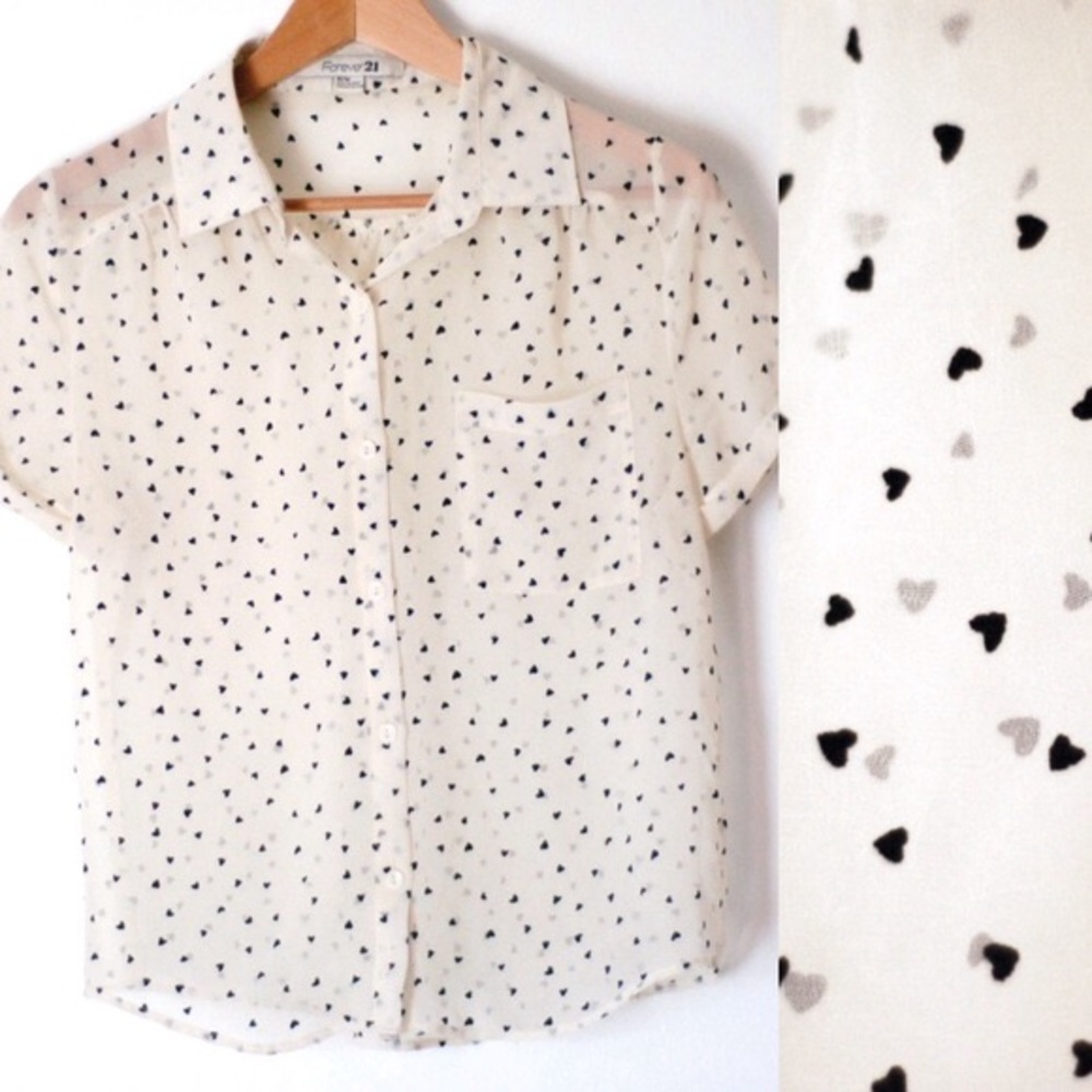 F21 sheer white button up blouse heart print